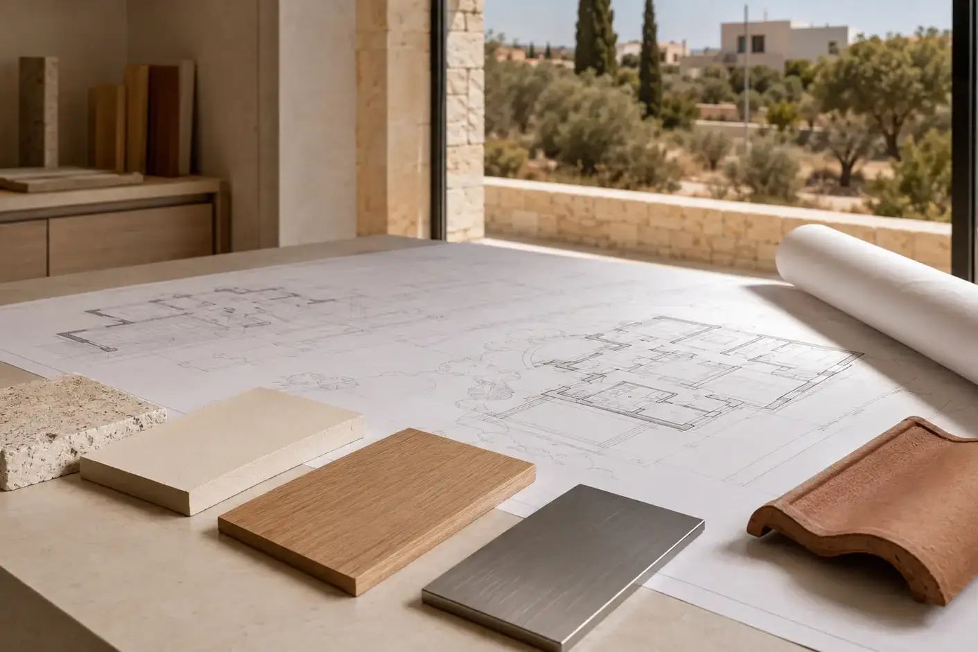 Architectural plans and material samples for a home design project in Cyprus