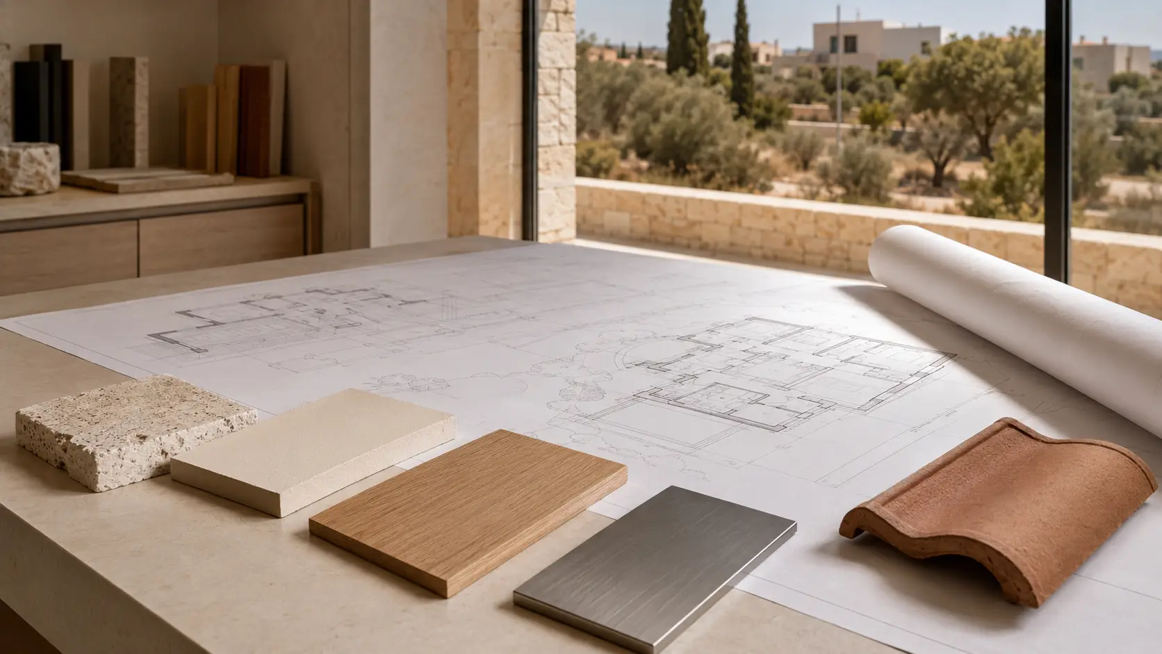 Architectural plans and material samples for a home design project in Cyprus