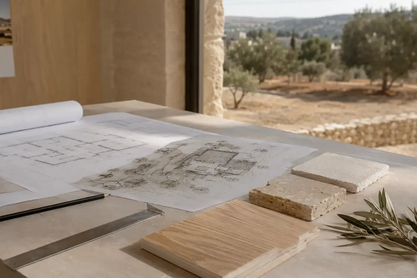 Architectural plans and material samples for building a home in Cyprus