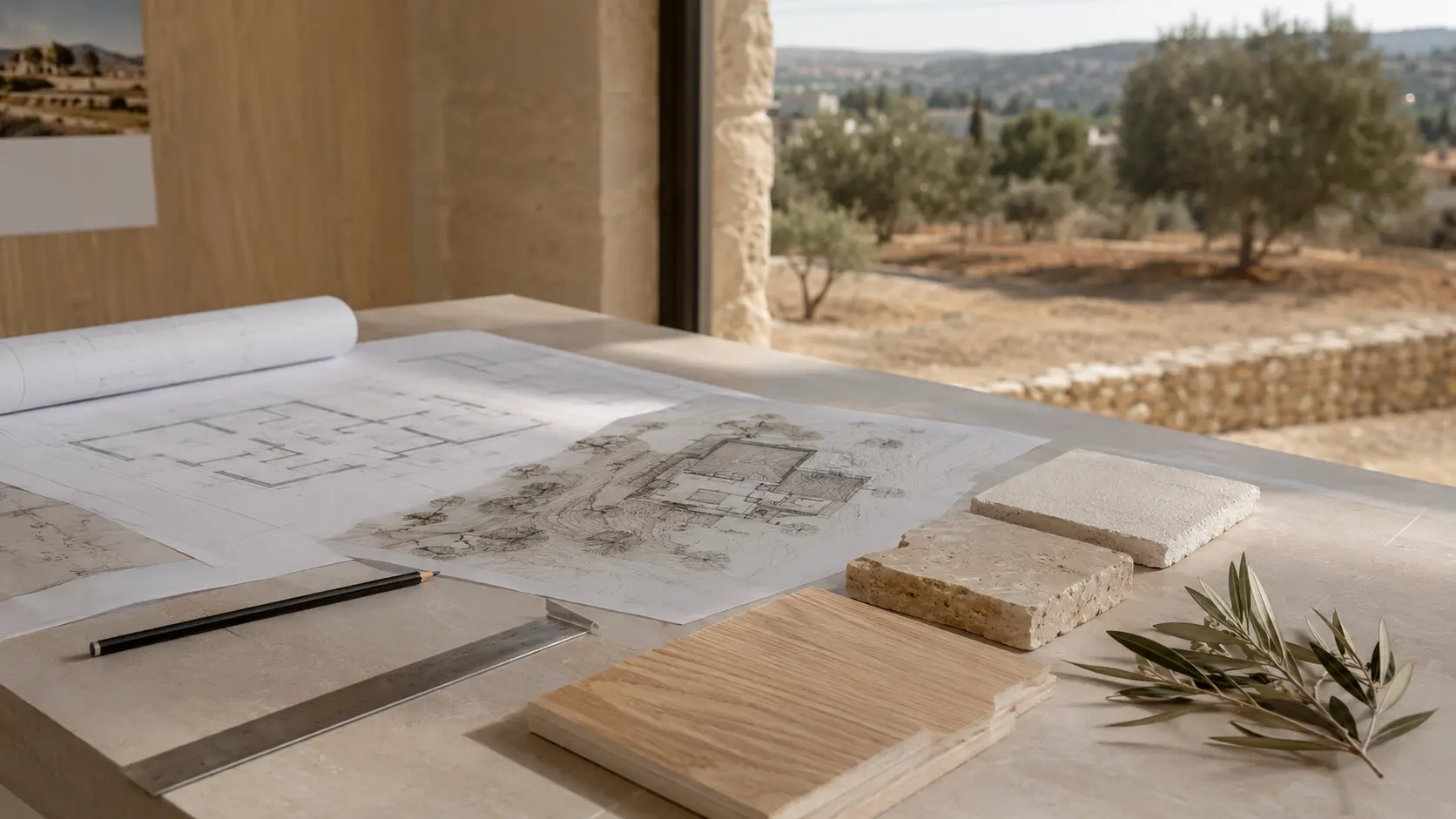 Architectural plans and material samples for building a home in Cyprus